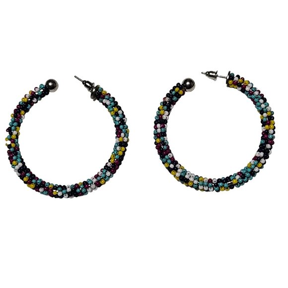 Boho Handmade Colorful Seed Beaded Hoop Earrings Retro 80s 90s Fashion Jewelry - Picture 1 of 4